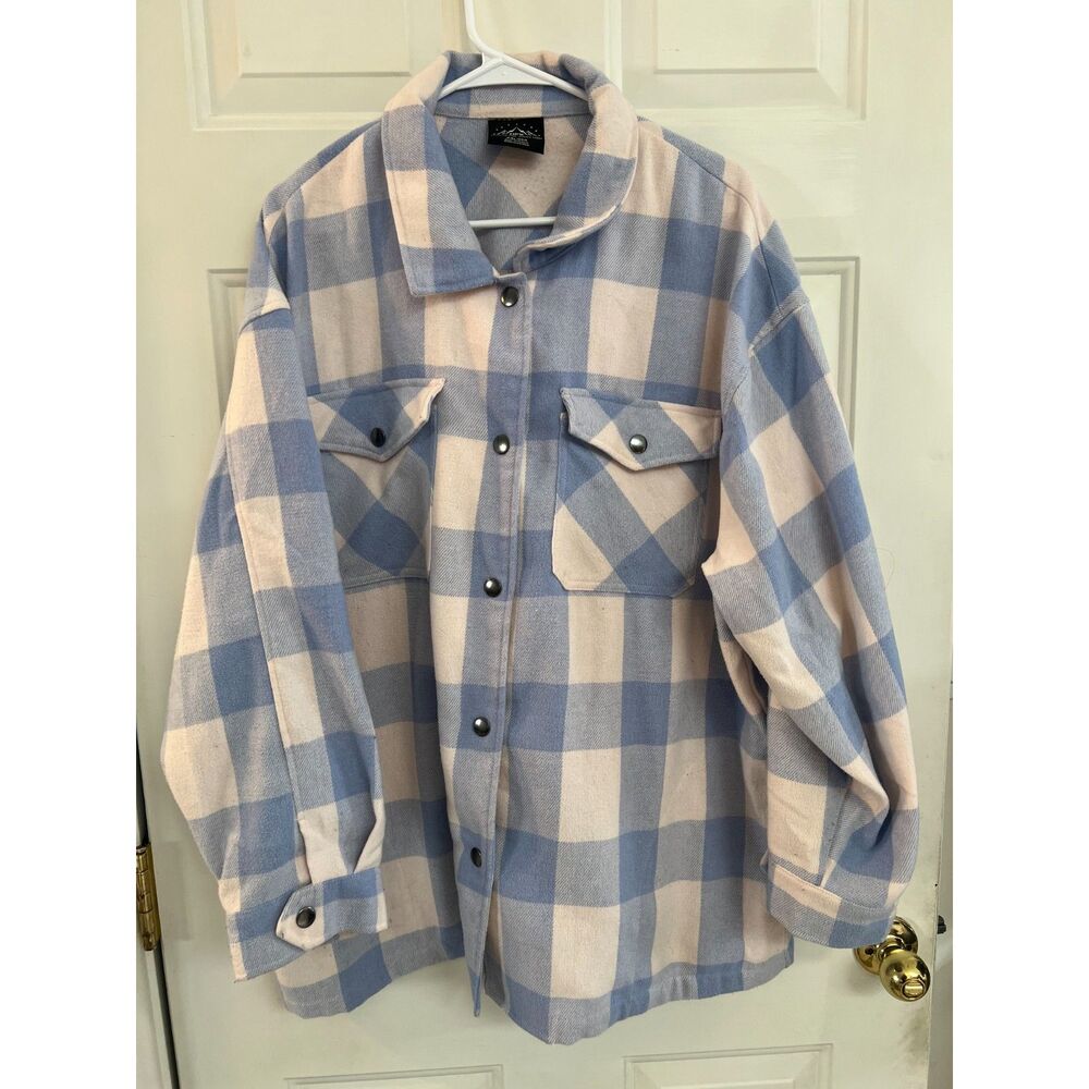 HFX Womens XXL Blue Cream Buffalo Plaid Shacket Jacket Snap Fleece Cabincore